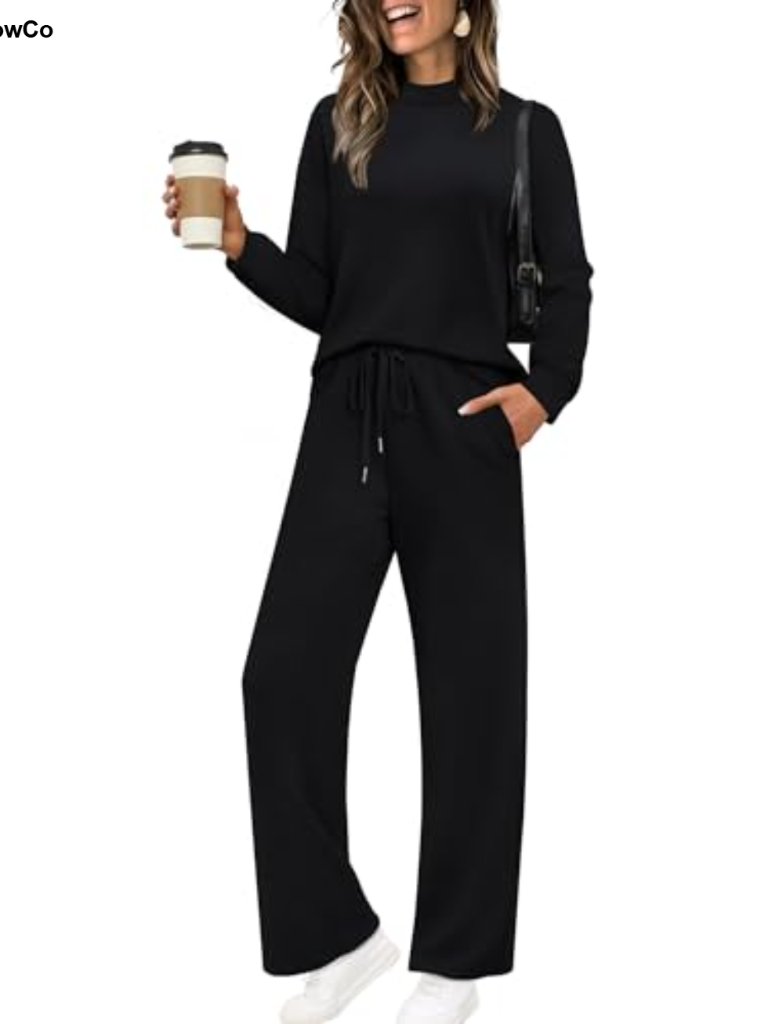 Women's 2-Piece Lounge Set Long Sleeve Mock Neck Wide Leg Pants